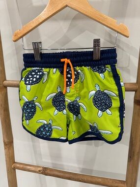 Hatley Lime Green Turtle Swim Shorts with Navy Trim and Orange Drawstring